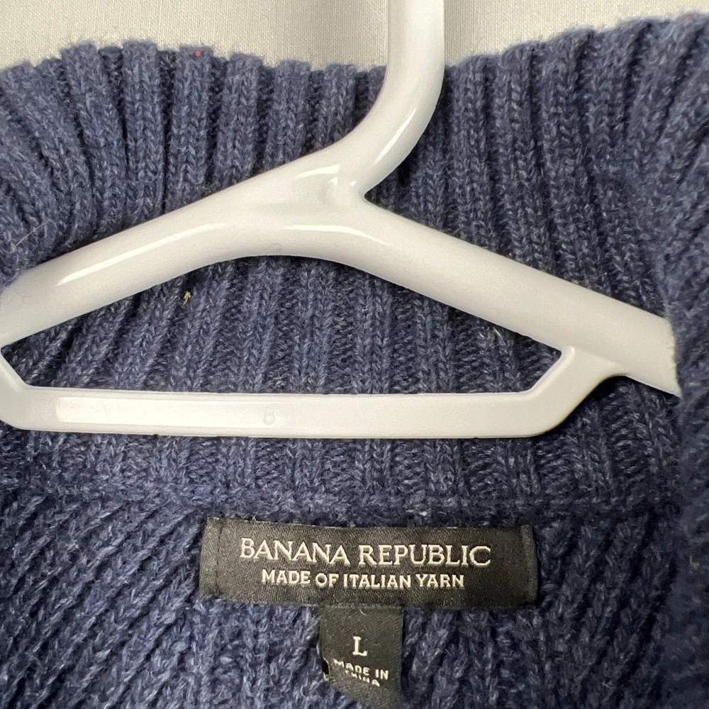 Banana Republic Sweater mens Sz L Merino Wool Henley Mock Neck 1/4  button Blue